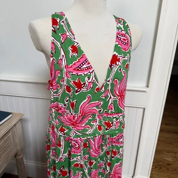 Boden Green Pink Floral Paisley Jersey V-Neck Maxi Dress US 16-18R Sleeveless - Picture 2 of 8